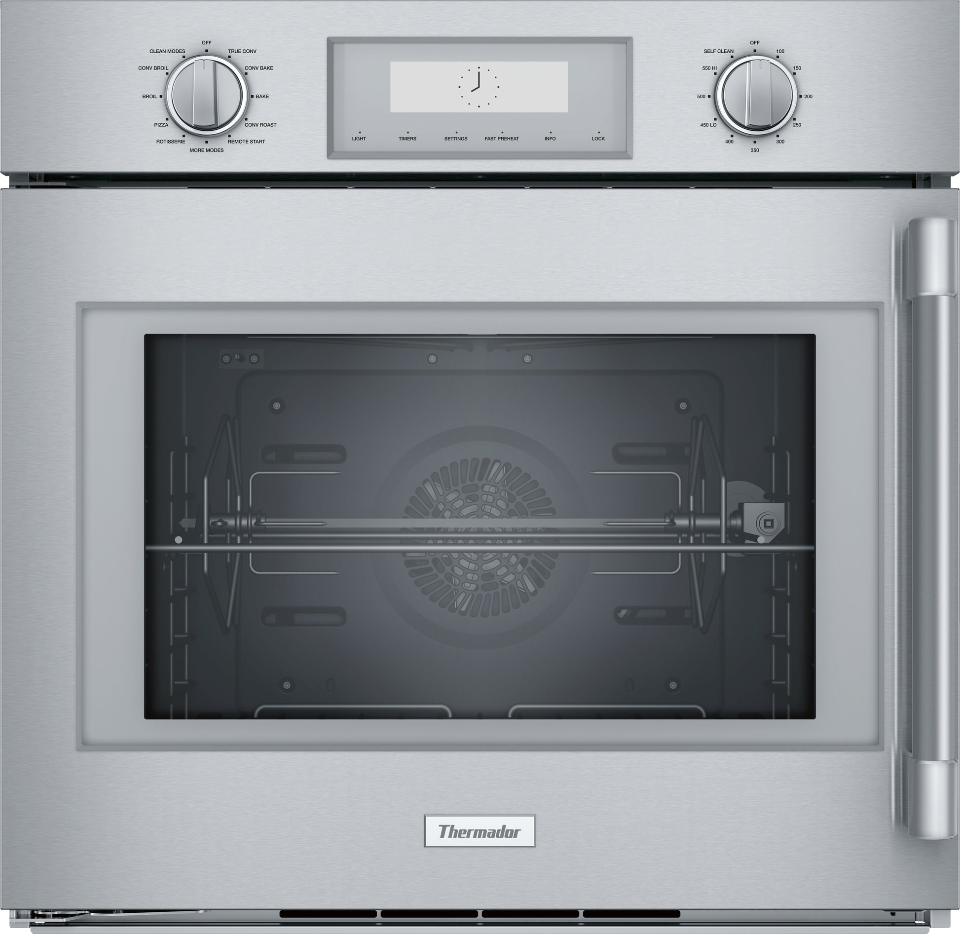Stainless steel single wall oven with left side door and control knobs, part of Thermador kitchen appliances collection