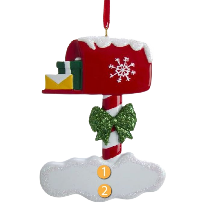 Red mailbox ornament with white snowflake and glittery green bow on a candy cane striped pole for holiday décor