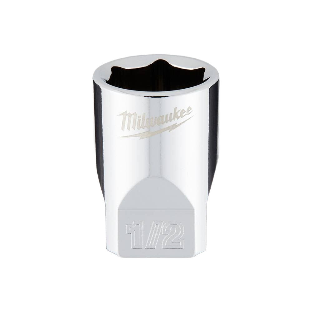 Chrome-finished 1/2 inch six-point socket with four flat sides for secure grip in home improvement tasks