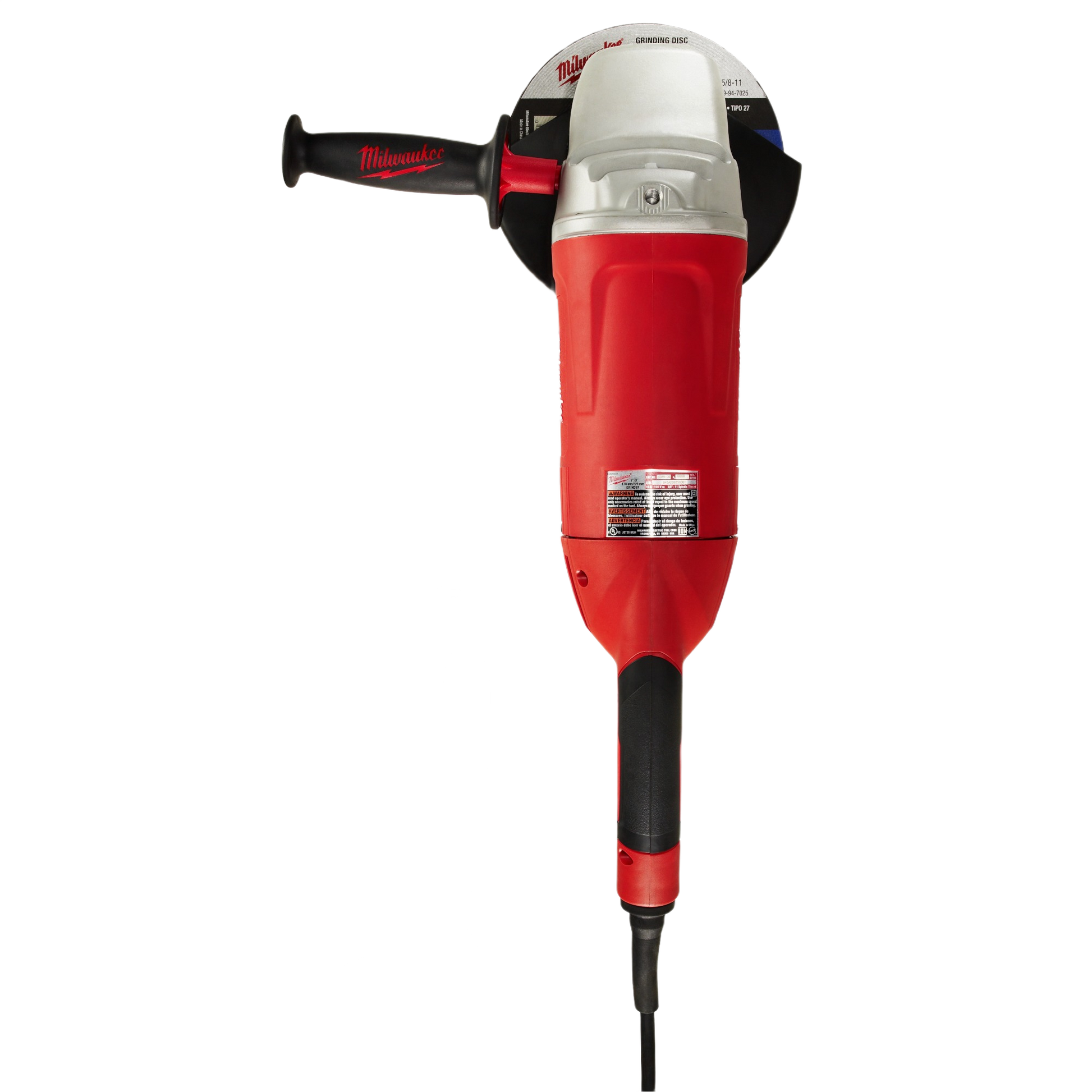 Red and black large angle grinder with side handle and lock-on switch for home improvement and tool projects