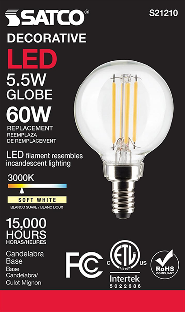 Clear decorative LED globe bulb with candelabra base and soft white 3000K light for home improvement use