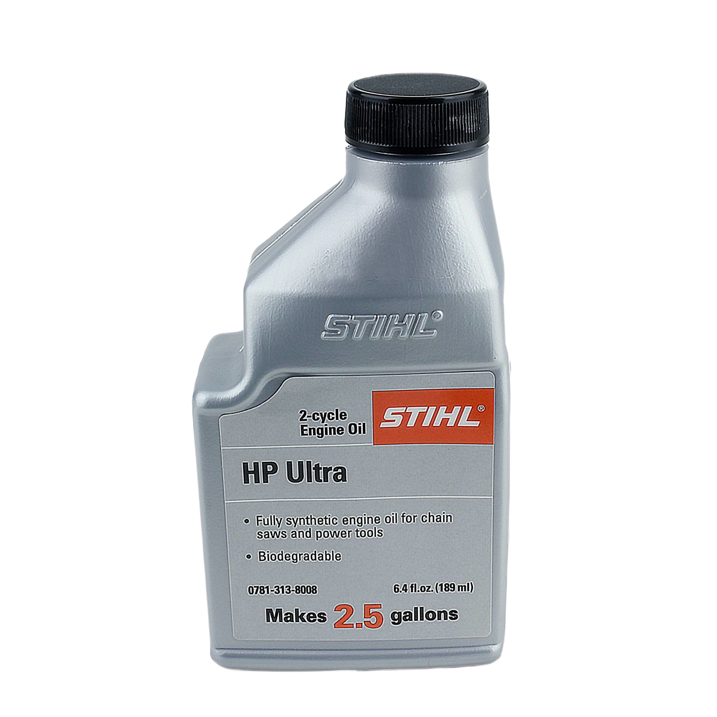 Gray plastic bottle of STIHL synthetic 2-cycle engine oil for chainsaws and power tools in parts and lubricants collection