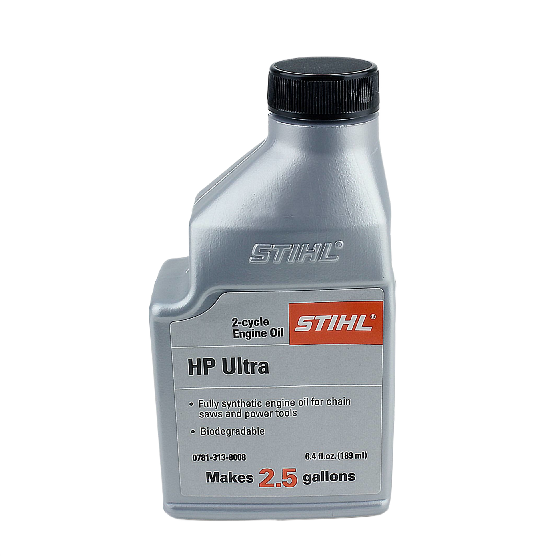Gray plastic bottle of STIHL synthetic 2-cycle engine oil for chainsaws and power tools in parts and lubricants collection