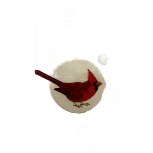 Decorative stained glass panel featuring a red cardinal bird perched on a white circular background
