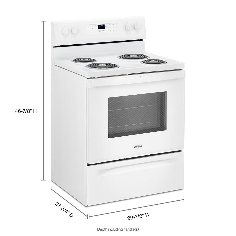 White Whirlpool electric range with coil burners, digital display, and oven window in Ranges & Cooktops at Hartville Hardware
