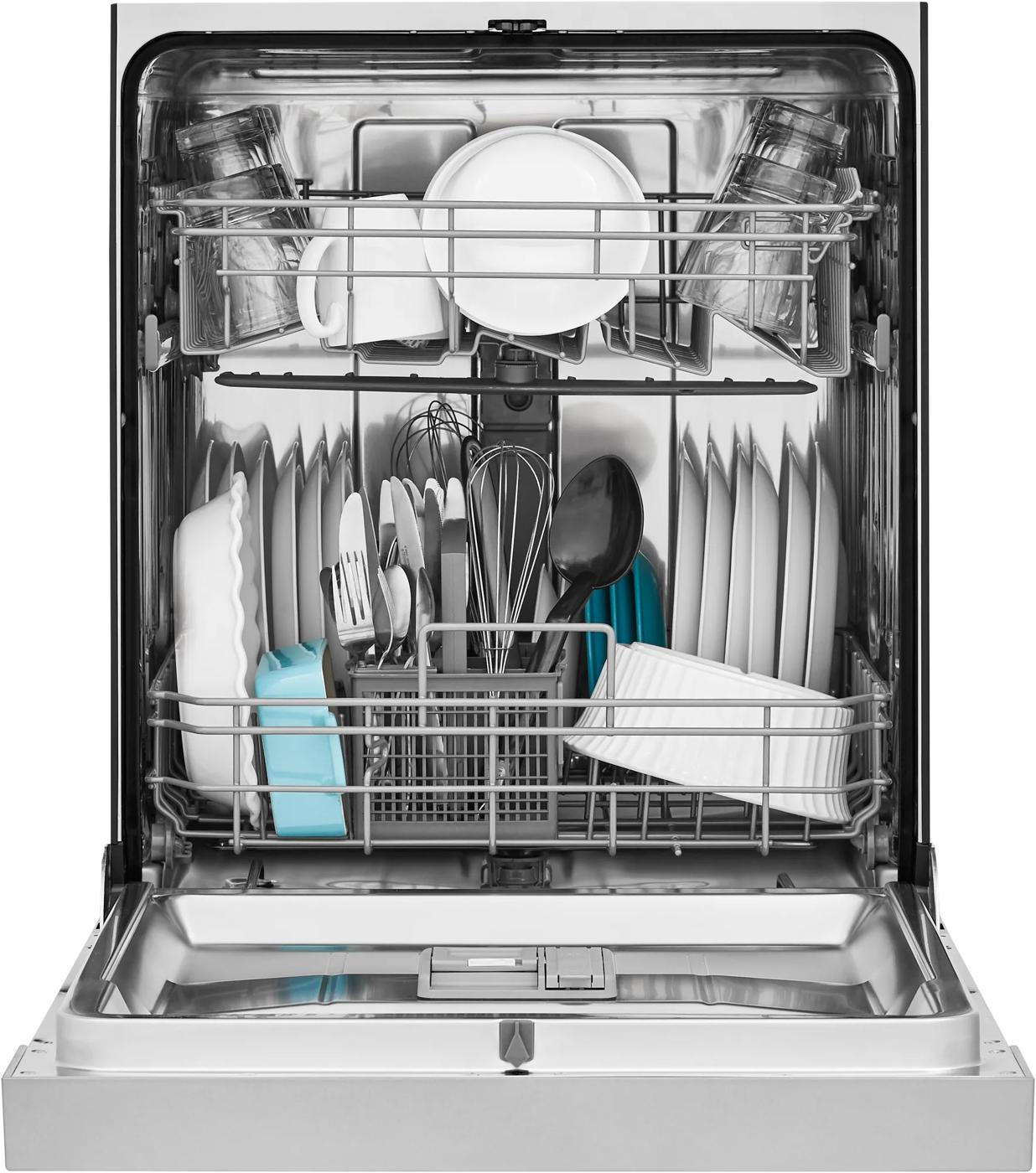 Open built-in dishwasher with stainless steel interior and fully loaded racks from Dishwashers and Kitchen & Kitchenware collections