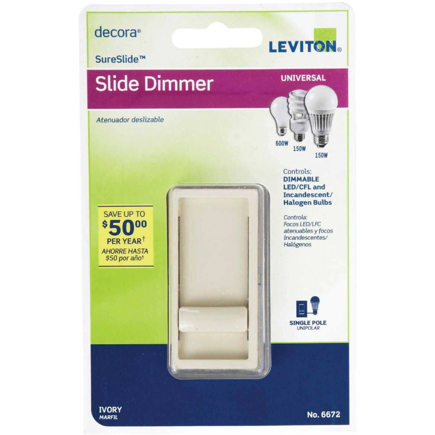 Ivory slide dimmer switch in packaging for electrical and home improvement use, compatible with multiple bulb types