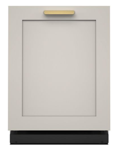 Panel-ready dishwasher front with beige flat panel and brass-colored horizontal handle from KitchenAid collection