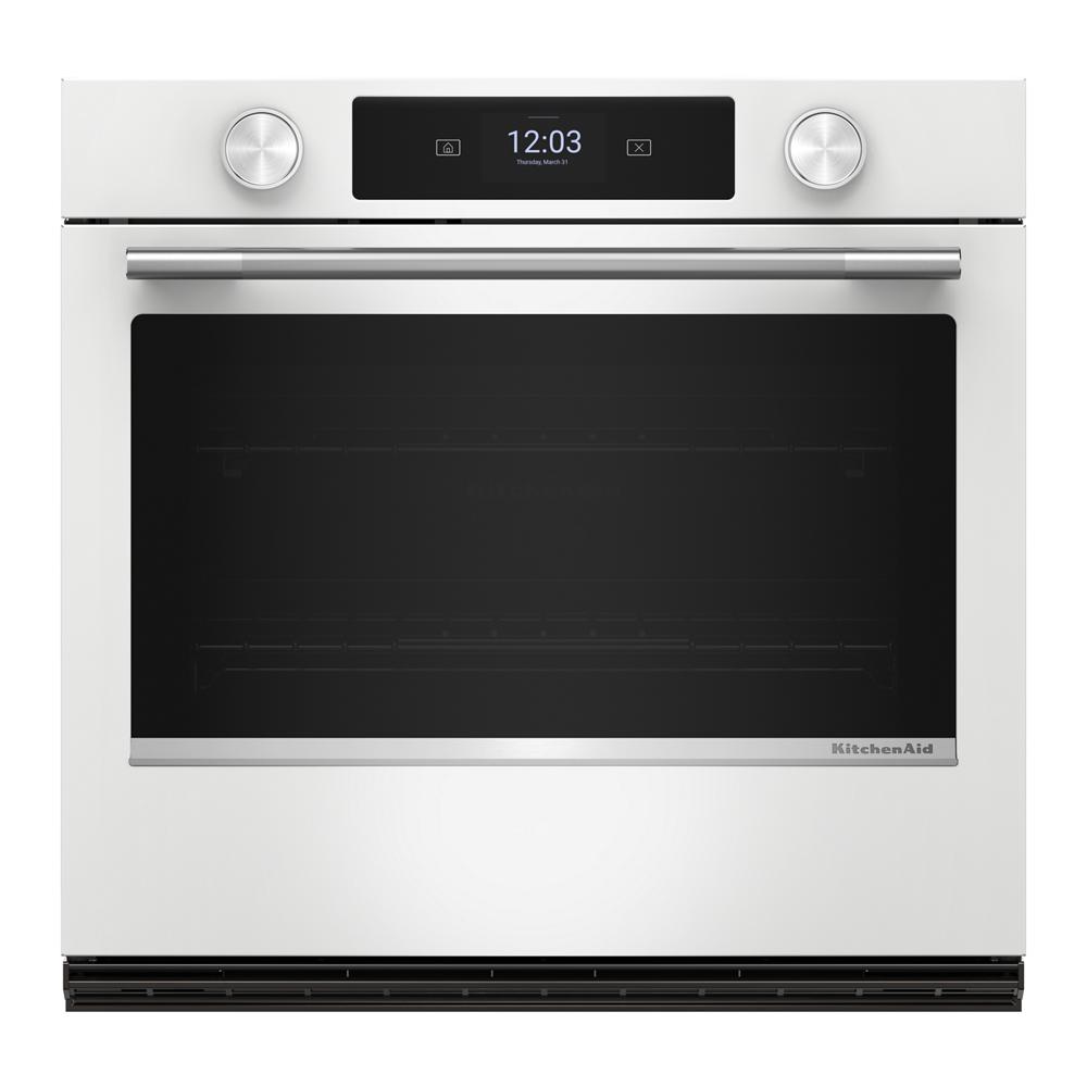 White smart electric single wall oven with LED touchscreen and backlit knobs from KitchenAid appliances collection