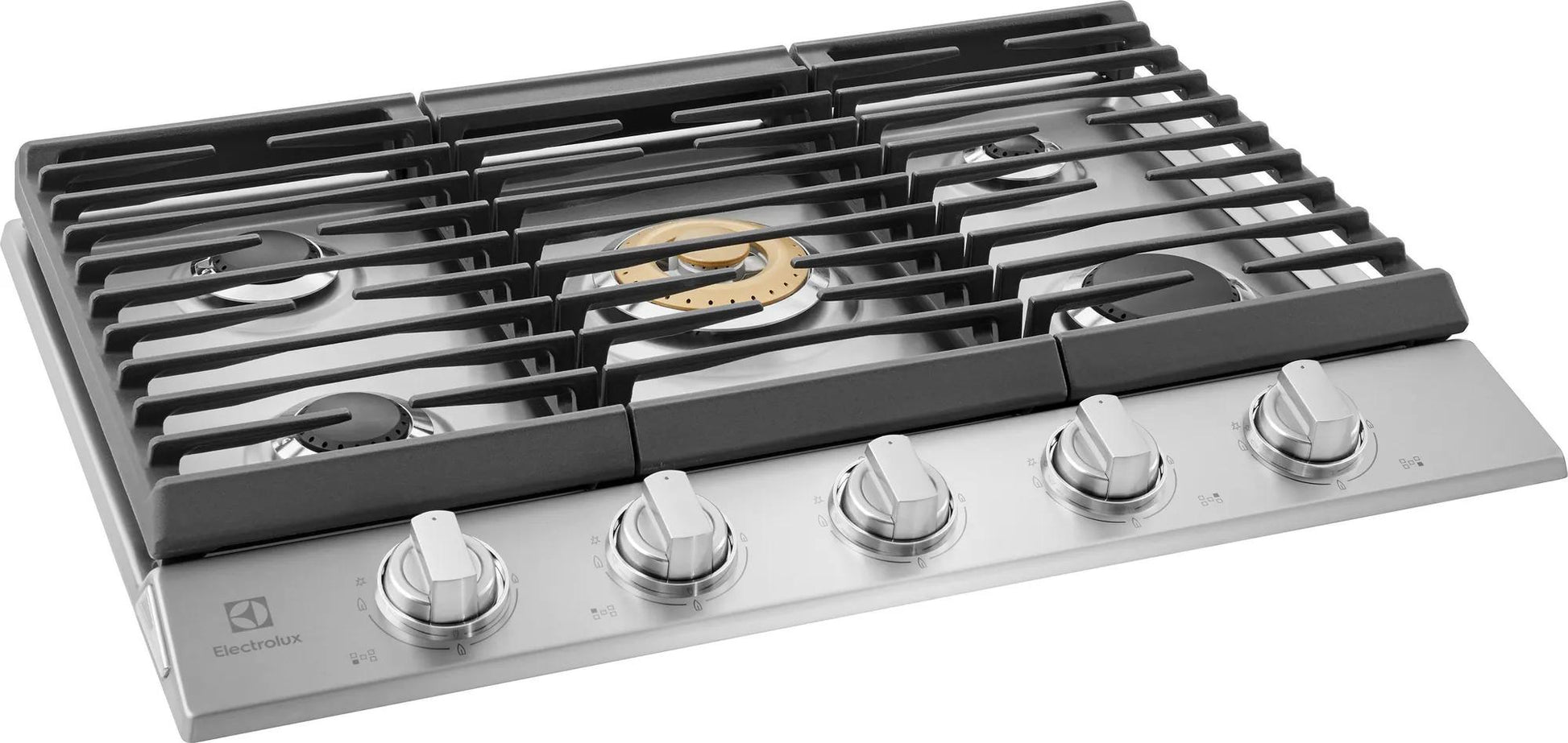 Stainless steel 30-inch gas cooktop with five burners and brass power burner for flexible heat control in kitchen appliances collection