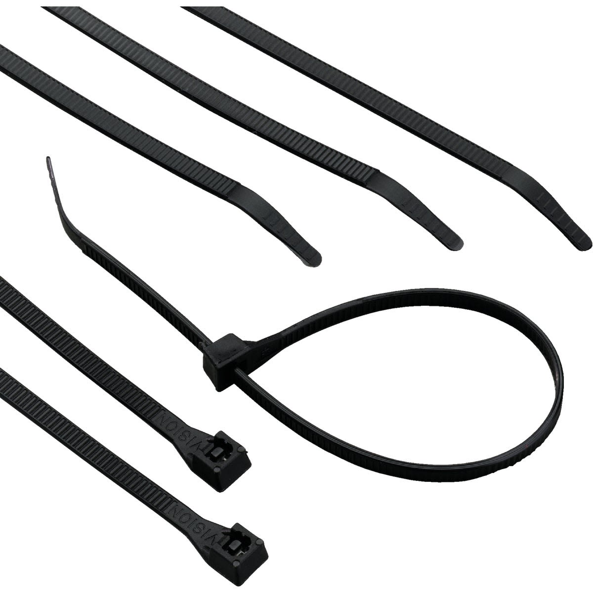 Black ultraviolet cable ties with locking heads for securing wires in electrical and home improvement collections