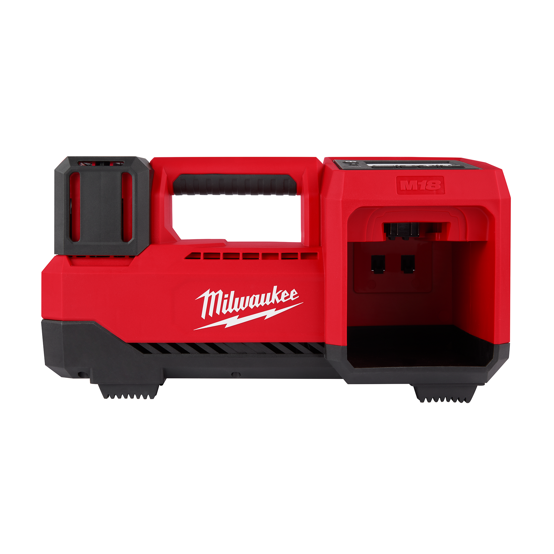 Compact red cordless tire inflator with digital interface and ergonomic handle for tools and home improvement use