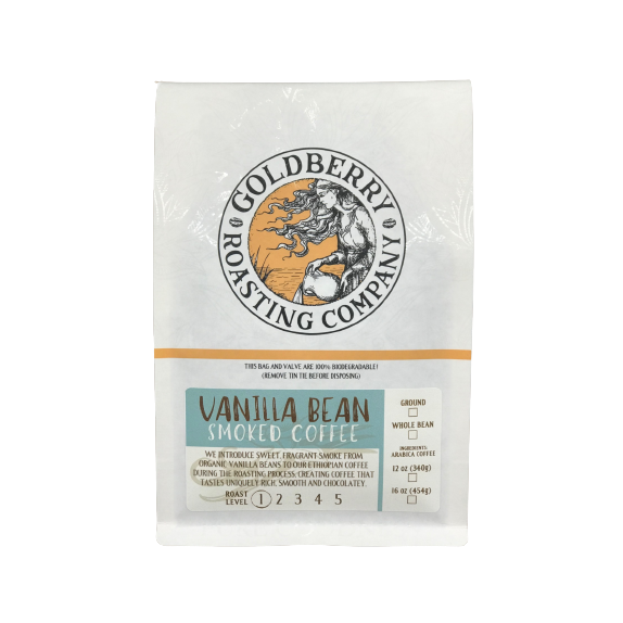 White bag of organic vanilla bean smoked ground coffee with black and orange logo in food and beverage collections under $50