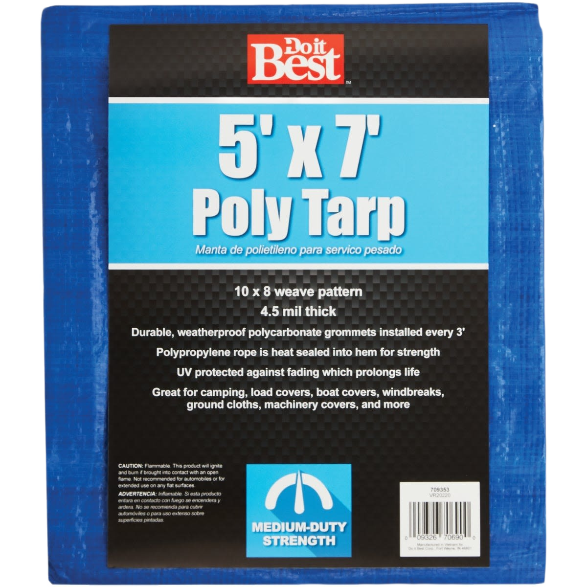Blue medium-duty tarp with reinforced edges, polycarbonate grommets, and weatherproof design for tools and home improvement tasks