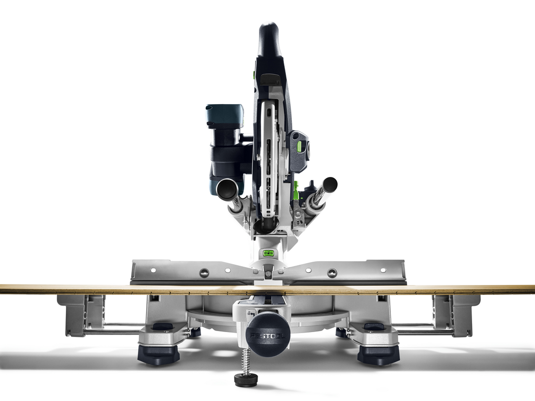 Front view of a cordless compound miter saw with extended support arms, designed for precise woodworking cuts.