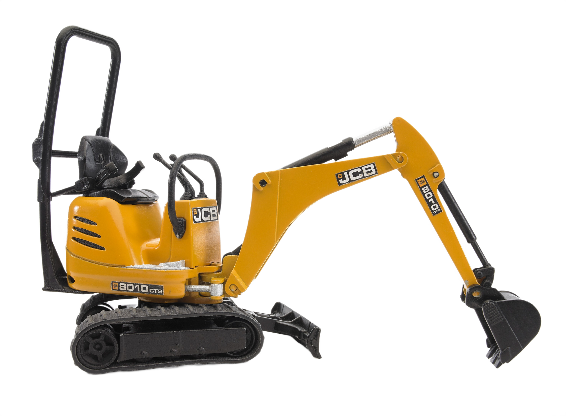 Yellow mini excavator toy with black tracks and articulated arm for construction and home improvement playsets