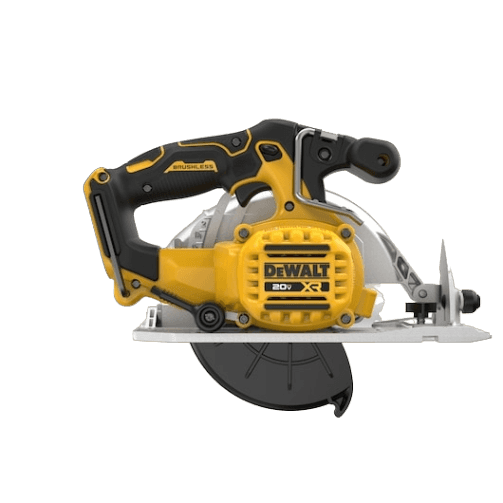 Cordless circular saw in yellow and black with brushless motor, 6-1/2 inch blade, designed for woodworking, power tools, and home improvement projects.