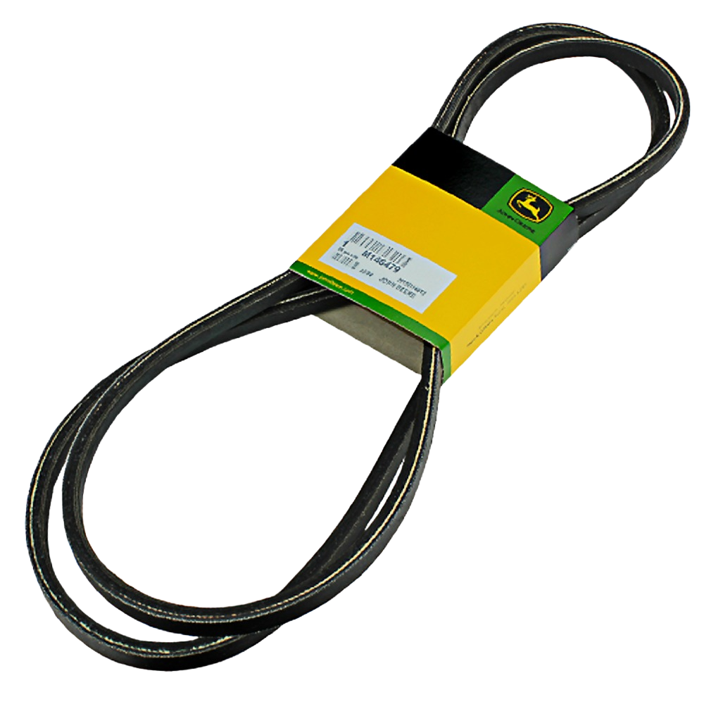 Black rubber V-belt with yellow and green John Deere branded packaging for automotive and mechanic tool use
