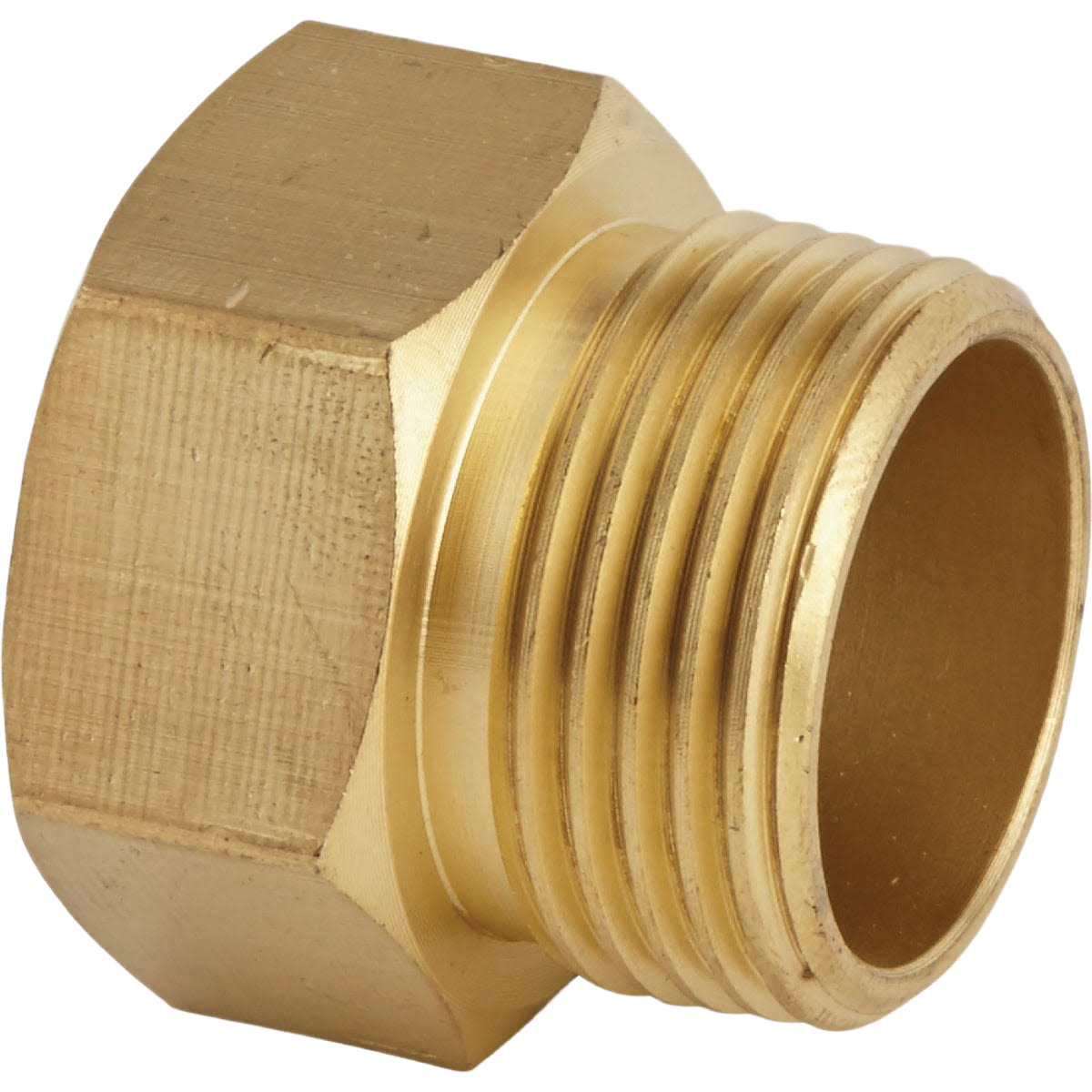 Brass hose connector with 3/4 inch male threaded end for durable garden and home improvement use