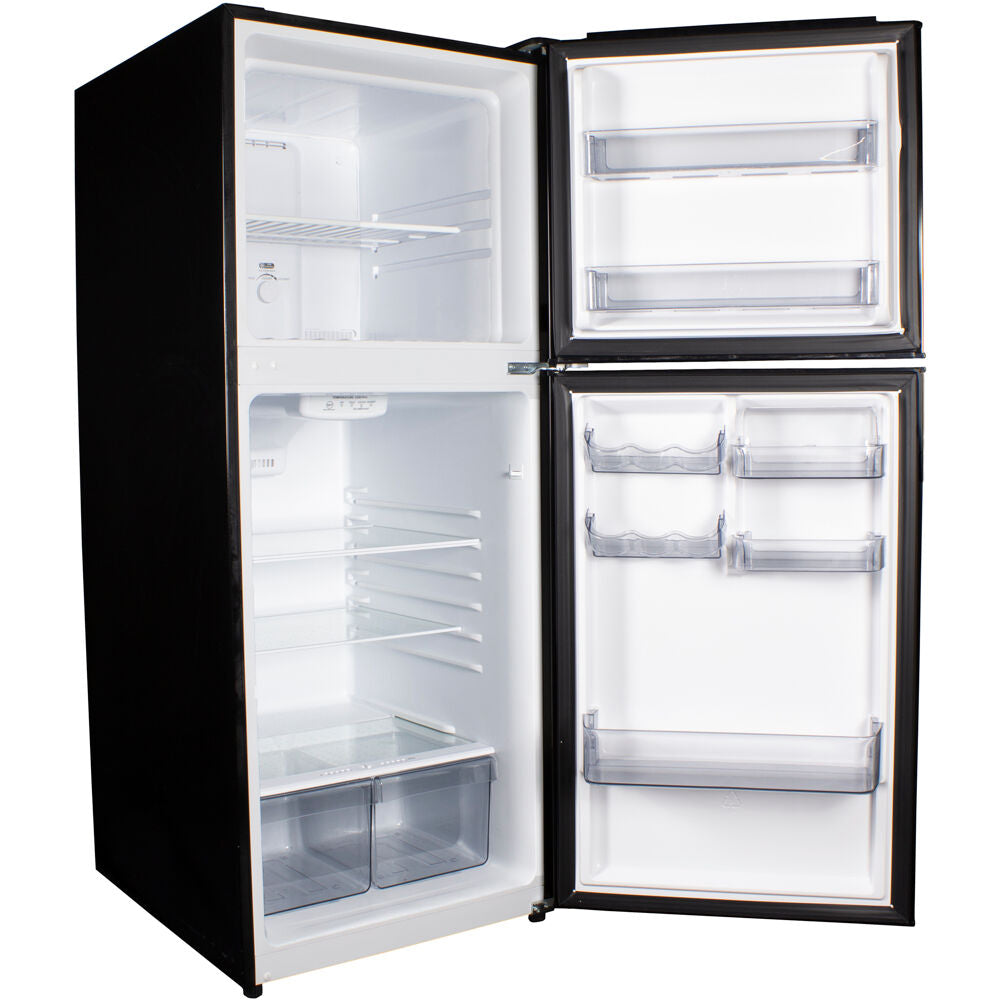 Black top freezer refrigerator with glass shelves and crisper drawers, ideal for kitchen and appliance collections