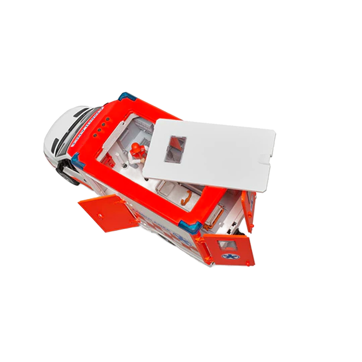 Red and white Bruder MB Sprinter Ambulance toy with open roof and doors showing driver figure inside from Vehicles & Remote Controlled Toys collection