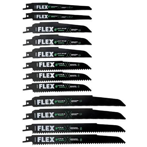 Set of black FLEX reciprocating saw blades in various sizes designed for metal cutting in tools and home improvement projects