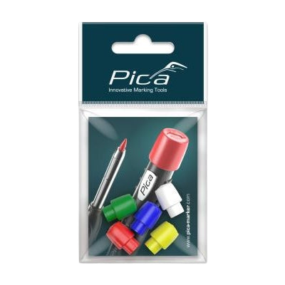 Set of five colored plastic caps in red, blue, green, yellow, and white for marking tools in measuring and woodworking collections