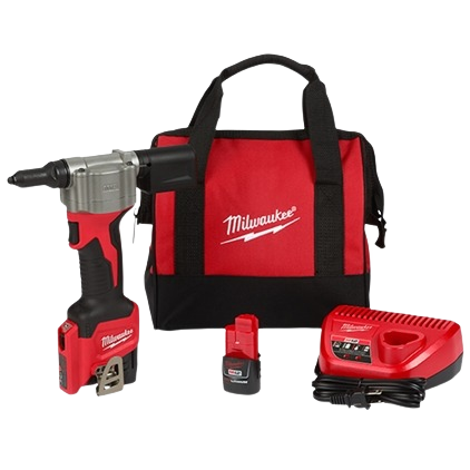 Compact cordless rivet tool with battery, charger, and red carrying bag for home improvement tasks