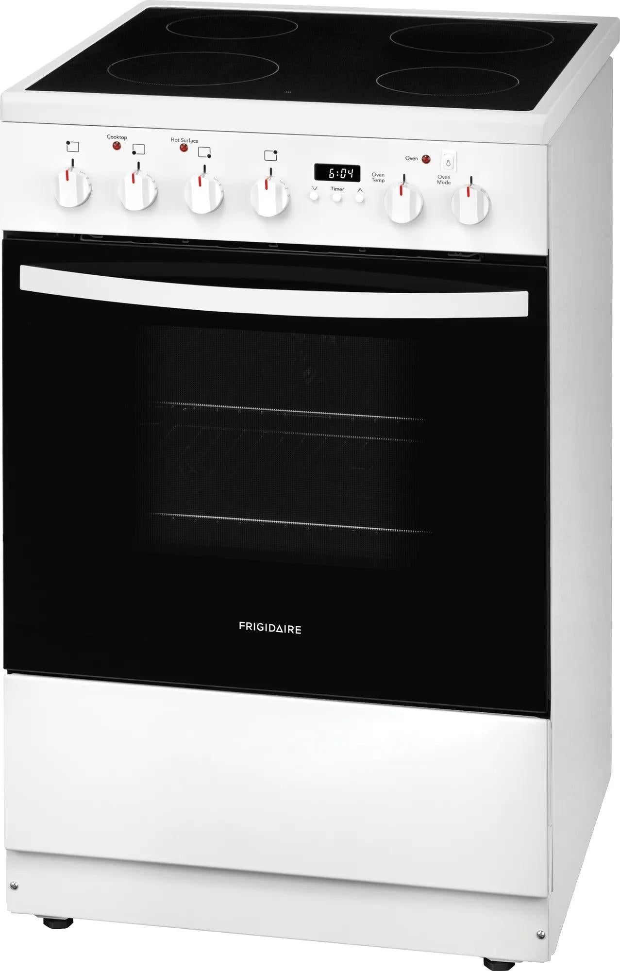 White freestanding electric range with radiant smooth cooktop and digital control panel in kitchen appliance setting
