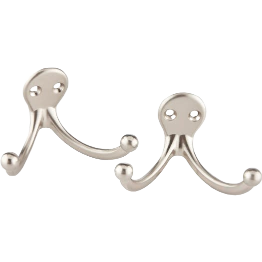 Two satin nickel double hooks with rounded ends for closet organization and home improvement projects.