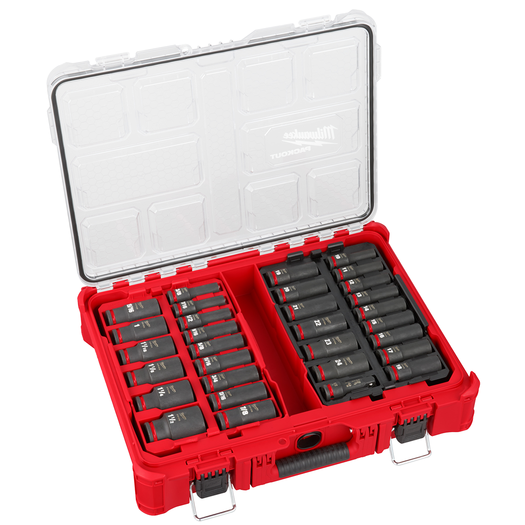 Red Milwaukee socket set case open to display black impact duty sockets for woodworking and home improvement tools