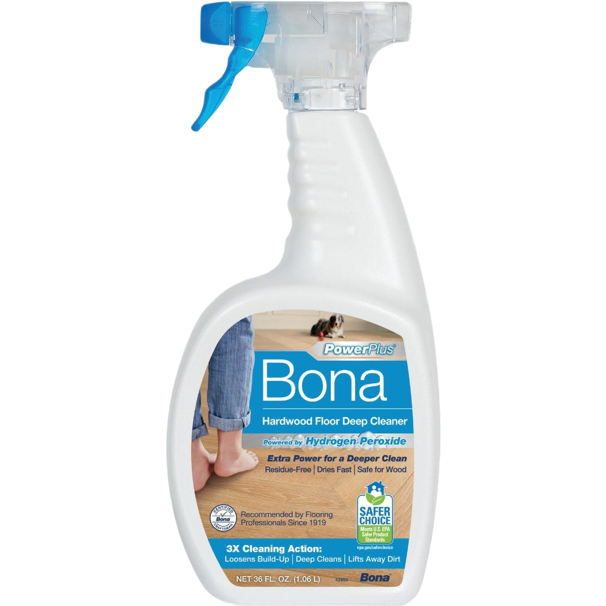 Spray bottle of Bona hardwood floor cleaner with blue trigger and label showing floor care cleaning solution benefits