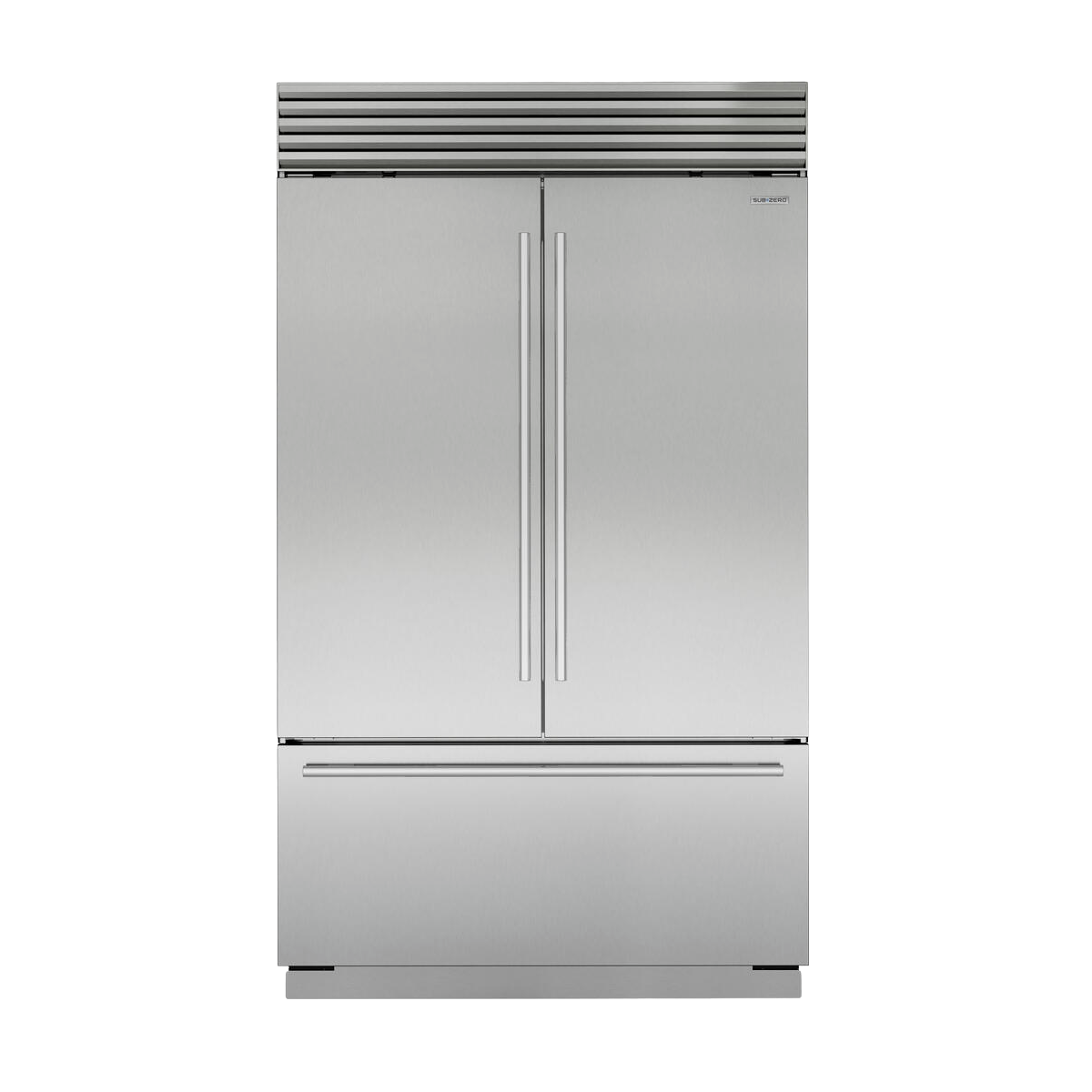 Stainless steel French door refrigerator with tubular handles and bottom freezer, part of kitchen appliances collections