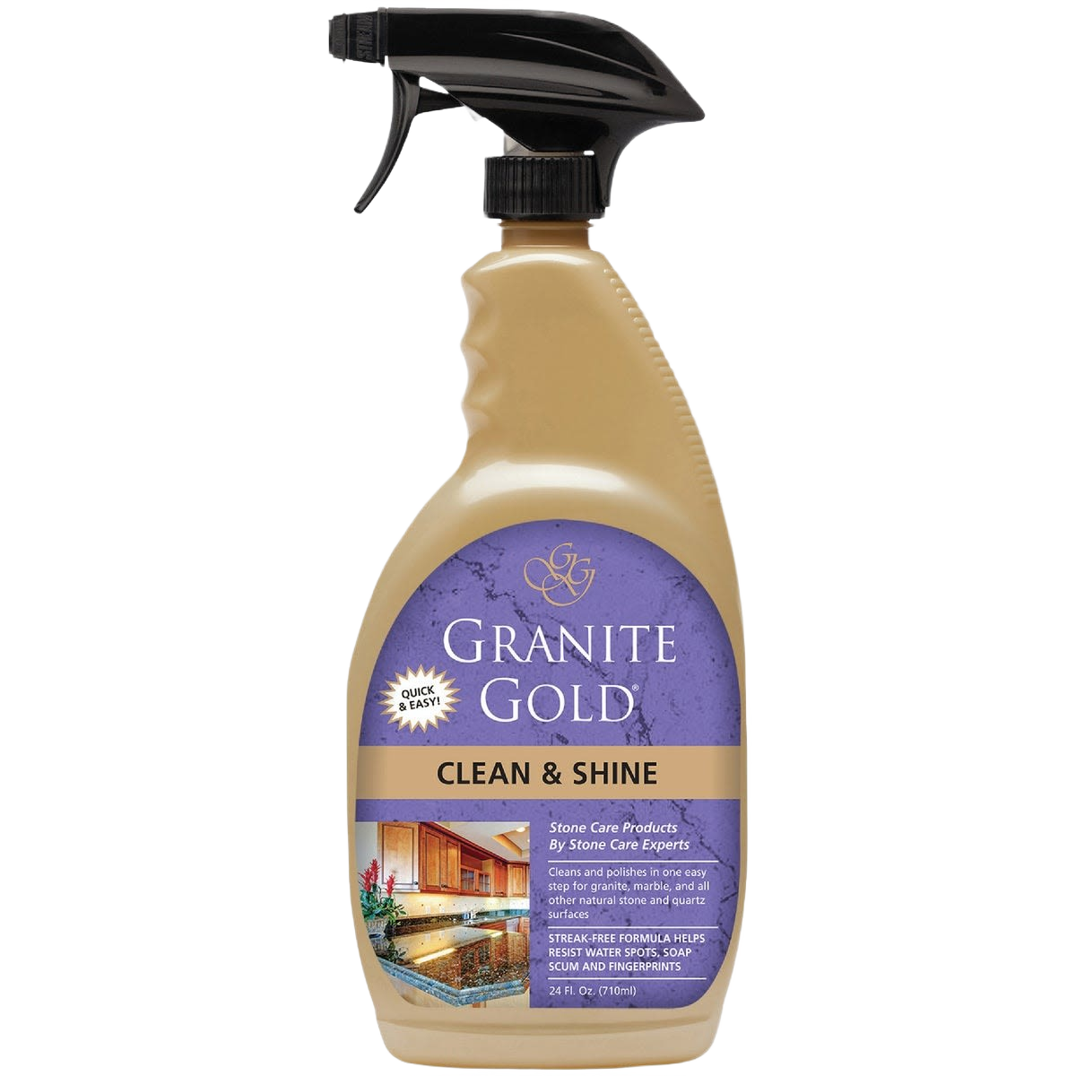 Spray bottle of stone polish designed to clean and shine granite, marble, and quartz surfaces for home improvement.