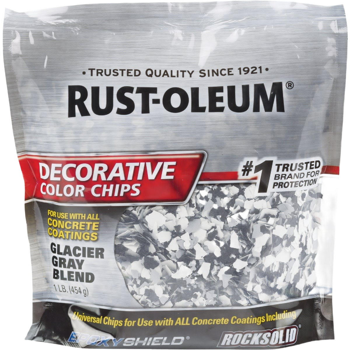 Bag of Rust-Oleum decorative color chips in glacier gray blend for concrete coatings in home improvement projects