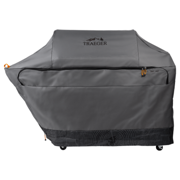 Durable 600D polyester grill cover for Traeger Timberline, offering full-length protection in outdoor living spaces