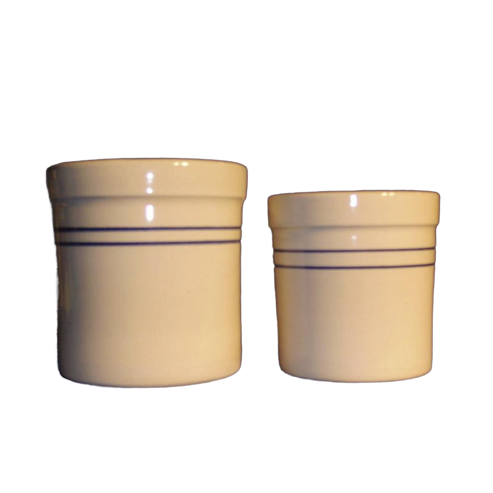 Two cream stoneware crocks with classic blue stripe pattern, durable kitchenware for storage and decor under $50