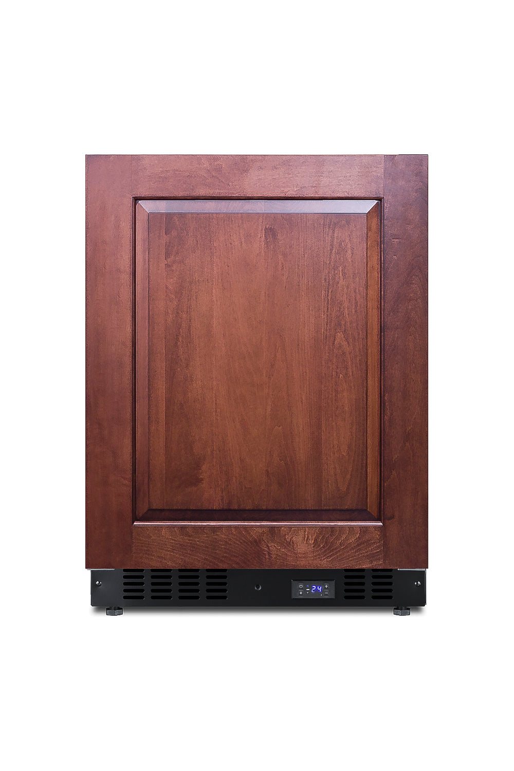 Undercounter built-in all-freezer with panel-ready dark wood door and digital temperature display on black vented base
