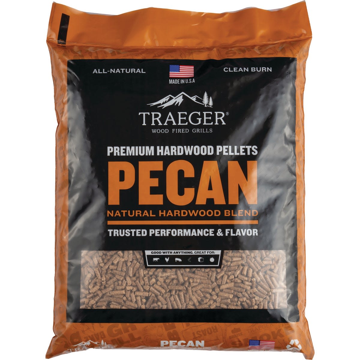 Bag of Traeger pecan hardwood pellets for grilling and smoking in outdoor living and lawn & garden collections