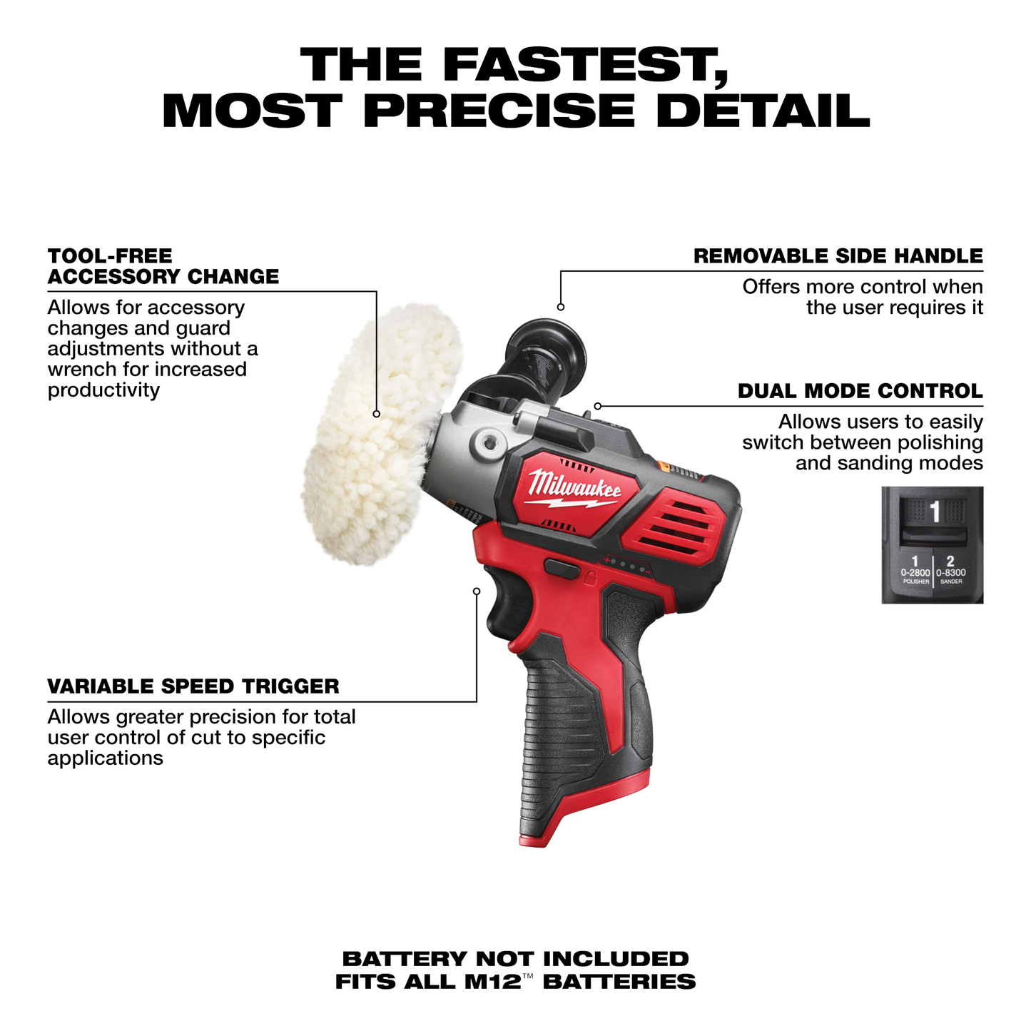 Compact Milwaukee red and black variable speed polisher with removable handle for woodworking and home improvement tasks