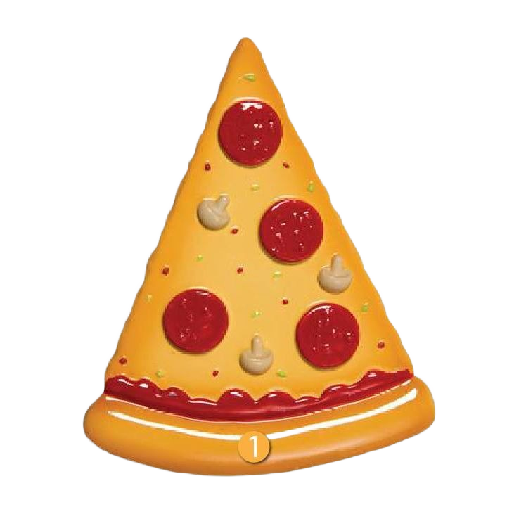 Poly-resin pizza slice ornament with pepperoni and mushroom details for Christmas tree decoration under $50