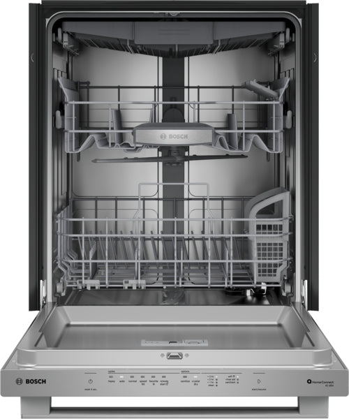 Open stainless steel dishwasher with racks and cutlery basket from Bosch Appliances collection