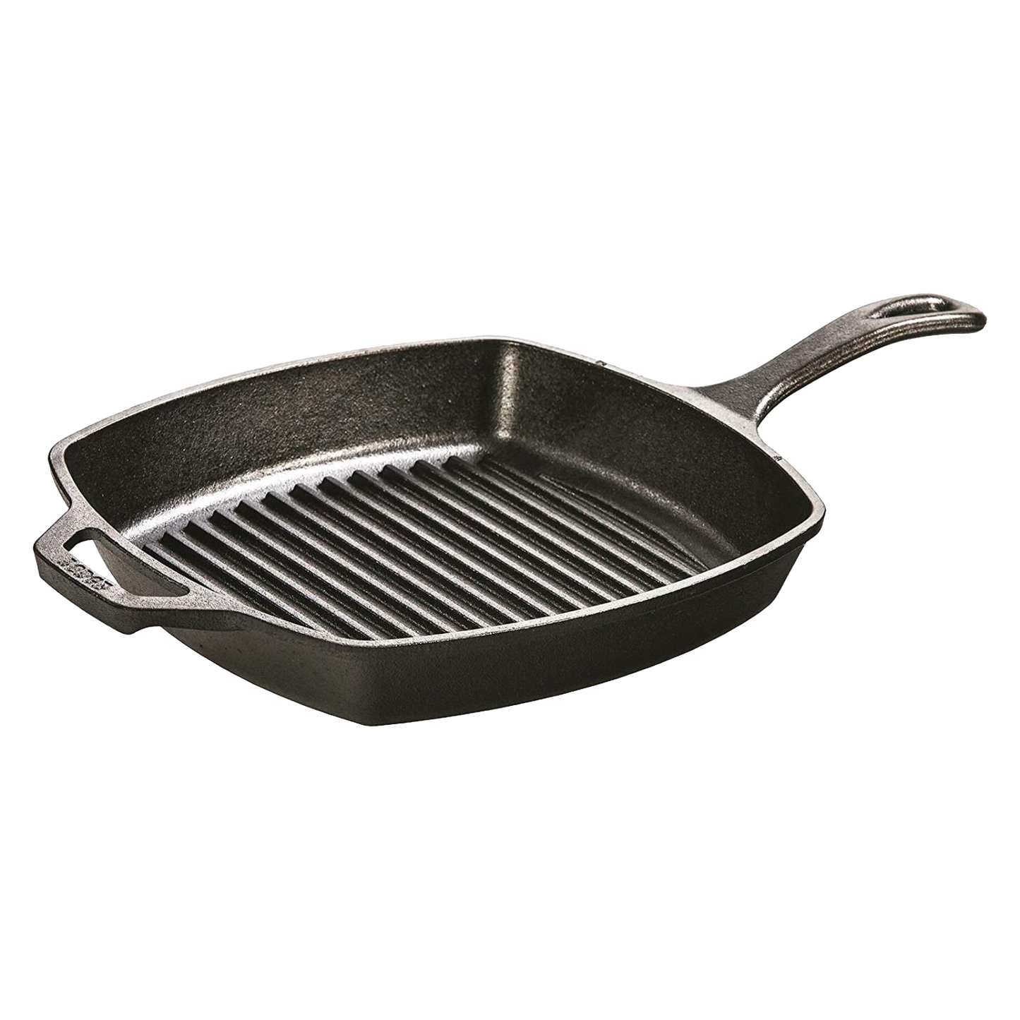 Square cast iron grill pan with ridged cooking surface and side helper handle, part of kitchenware and Lodge Cast Iron collections under $100