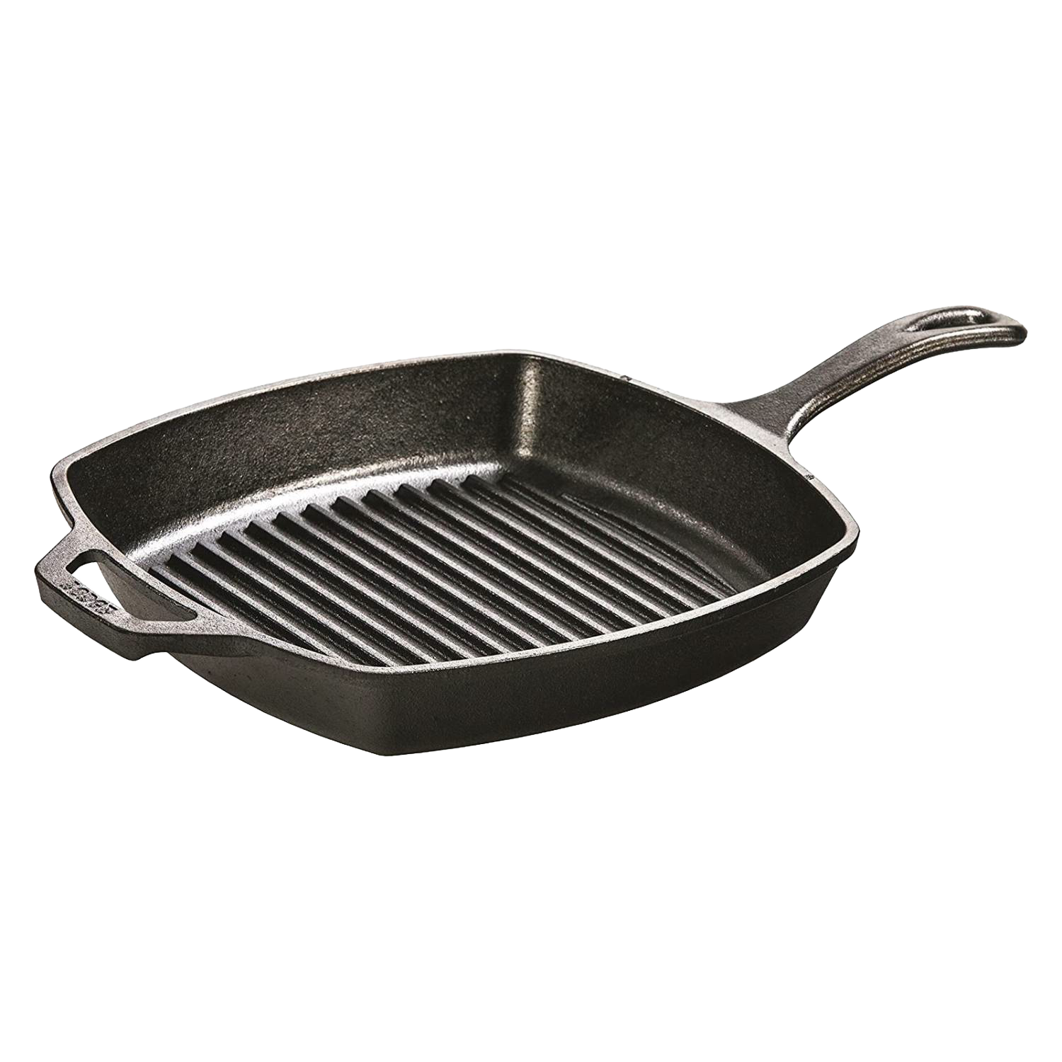 Square cast iron grill pan with ridged cooking surface and side helper handle, part of kitchenware and Lodge Cast Iron collections under $100