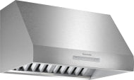 Stainless steel wall-mounted range hood with sleek modern design from Thermador appliances collection
