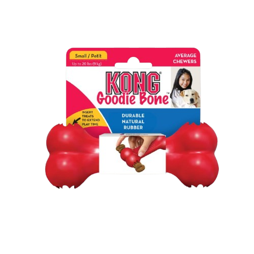 Red durable rubber chew toy shaped like a bone for dogs, designed to hold treats and encourage chewing play.