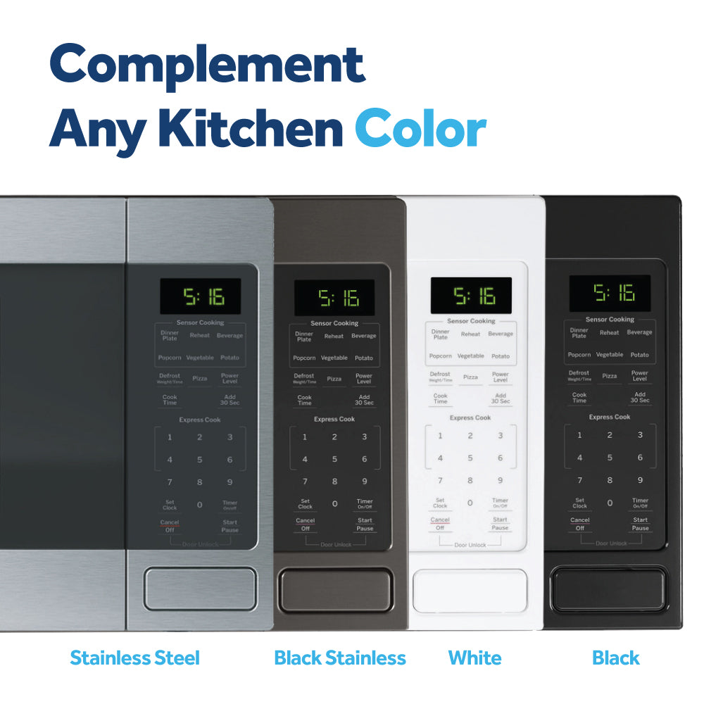Four countertop microwaves in stainless steel, black stainless, white, and black finishes with digital control panels.