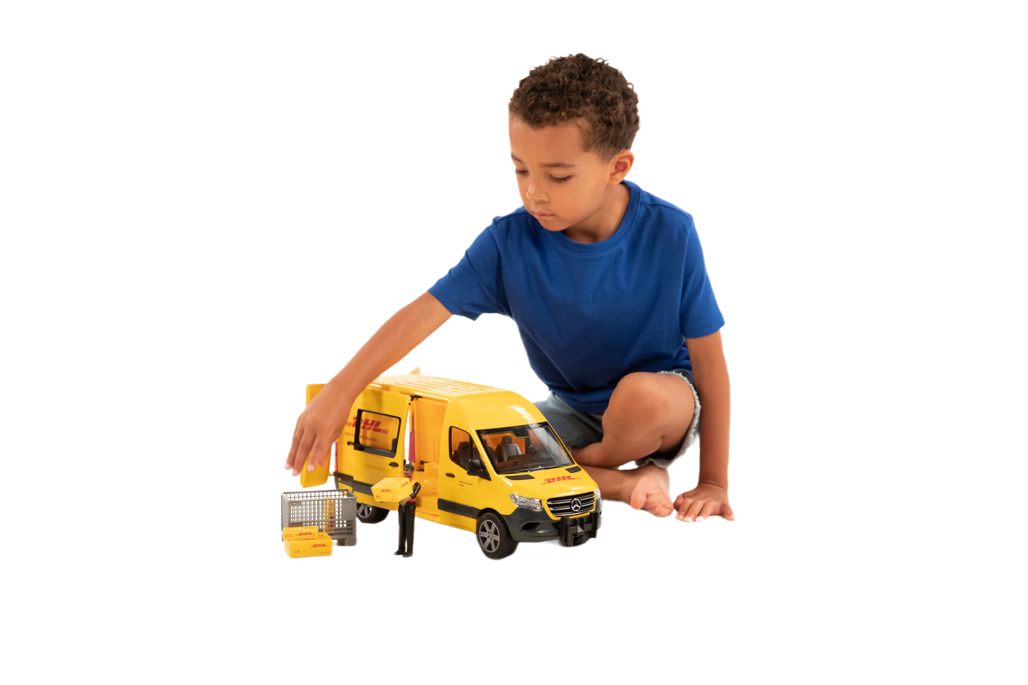 Child playing with yellow Mercedes Sprinter DHL delivery truck toy and driver figure in Toys & Games collection