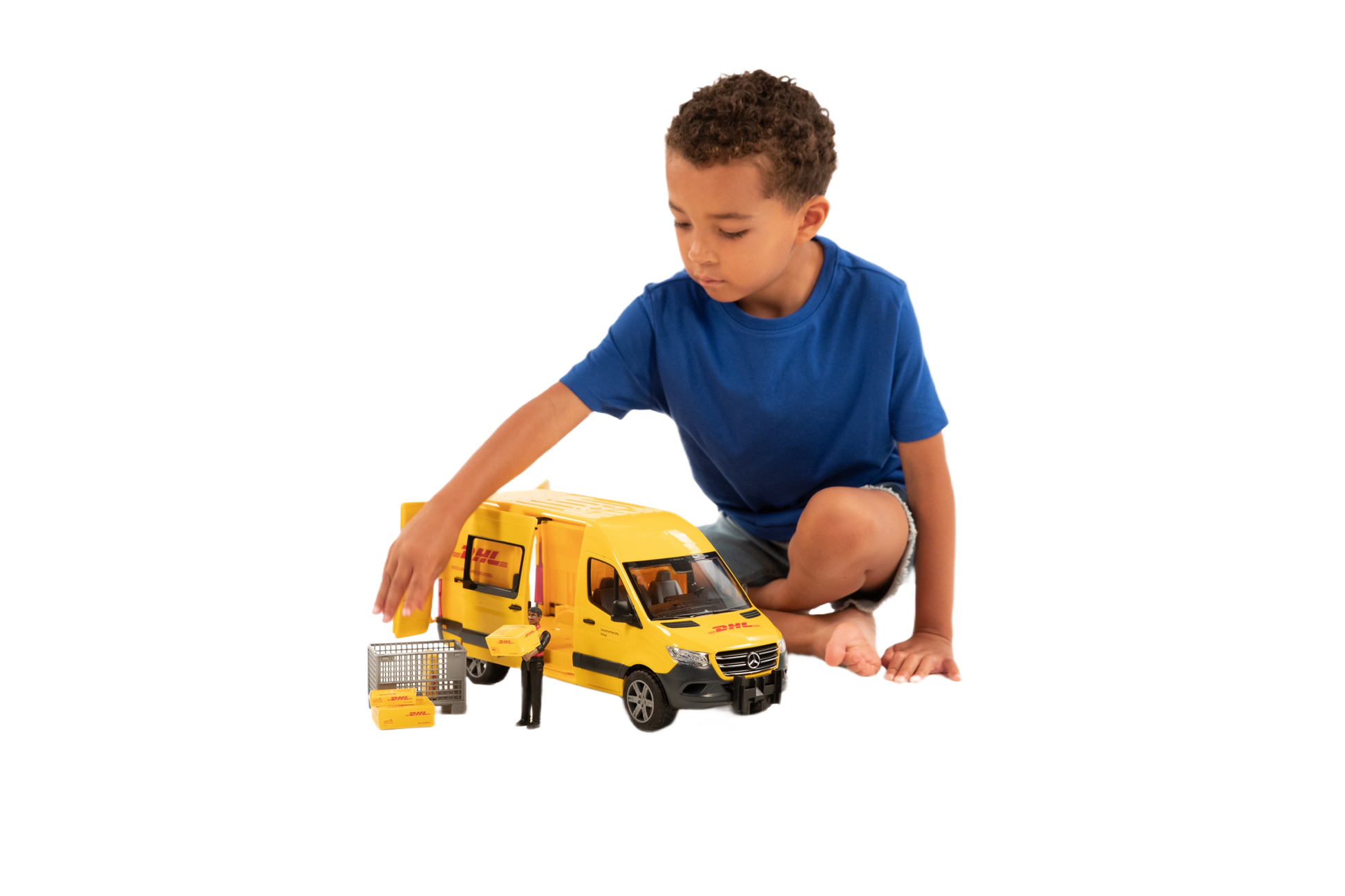 Child playing with yellow Mercedes Sprinter DHL delivery truck toy and driver figure in Toys & Games collection