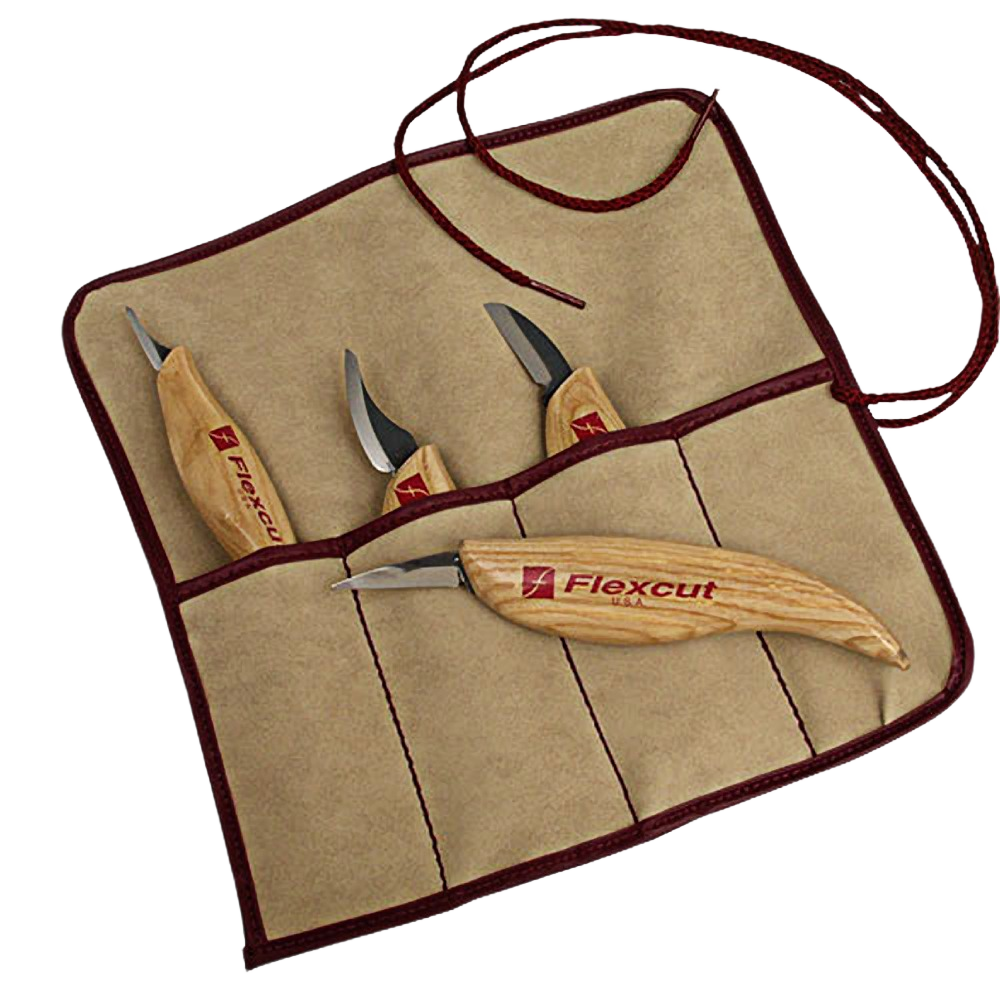 Wood carving knife set with four curved blades and wooden handles in a brown fabric tool roll for woodworking tools collection